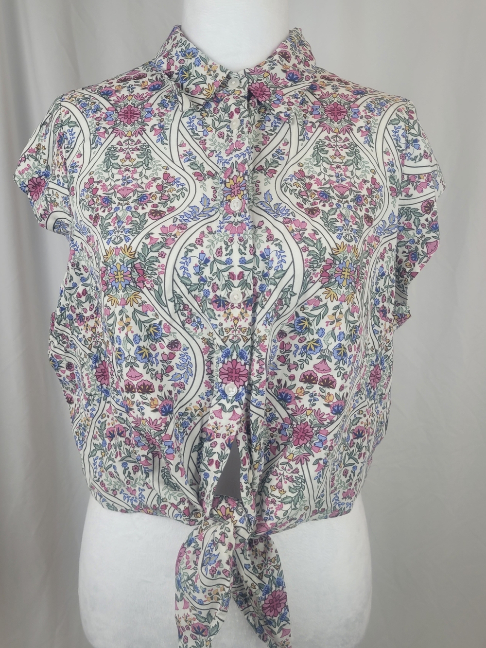 Floral Crop Top Tie-Front Blouse Viscose Summer Short Sleeve Size  Large